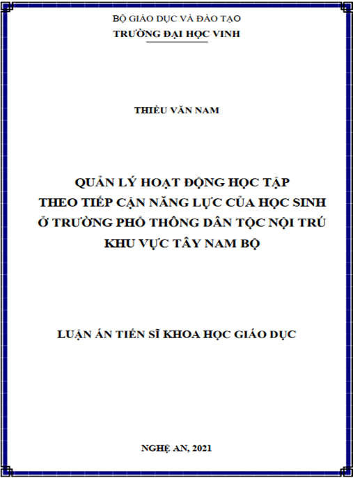 Luận án –  Quản lý hoạt động học tập theo tiếp cận năng lực của học sinh ở các trường phổ thông dân tộc nội trú khu vực Tây Nam Bộ