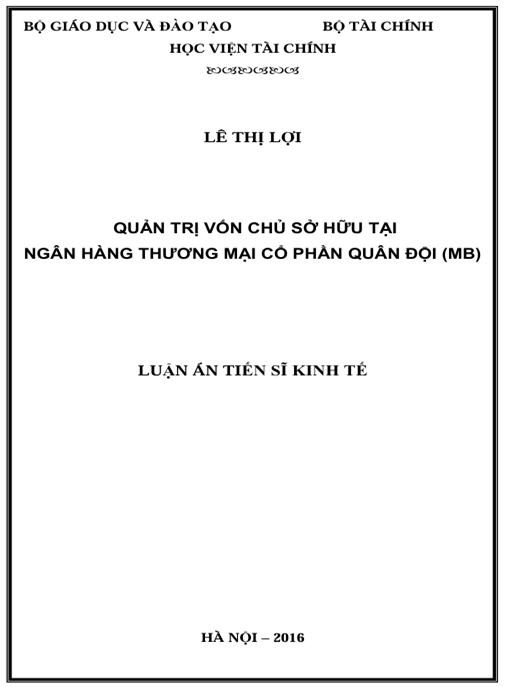 Luận án Quản trị vốn chủ sở hữu tại Ngân hàng thương mại cổ phần Quân đội (MB).