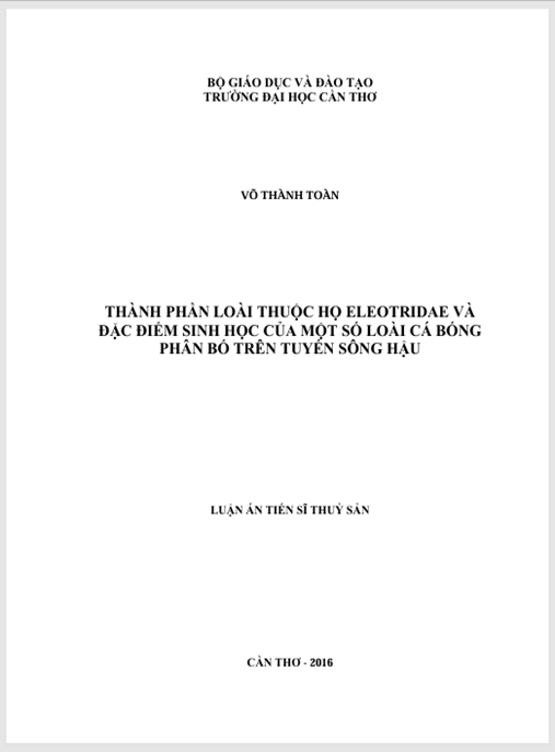 Luận án Thành phần loài thuộc họ Eleotridae và đặc điểm sinh học của một số loài cá bống phân bố trên tuyến Sông Hậu.