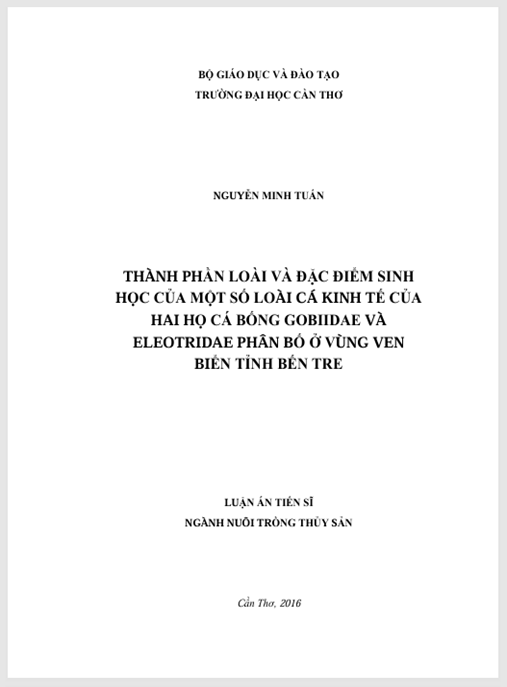Luận án Thành phần loài và đặc điểm sinh học của một số loài cá kinh tế của hai họ cá bống Gobiidae và Eleotridae phân bố ở vùng ven biển tỉnh Bến Tre