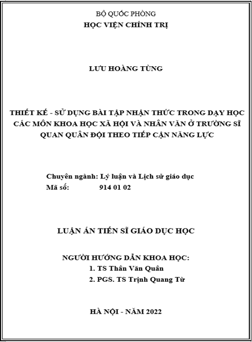 Luận án –  Thiết kế – sử dụng bài tập nhận thức trong dạy học các môn khoa học xã hội và nhân văn ở trường sĩ quan quân đội theo tiếp cận năng lực
