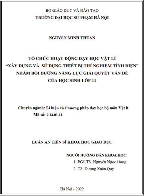 Luận án –  Tổ chức hoạt động dạy học vật lí “Xây dựng và sử dụng thiết bị thí nghiệm tĩnh điện” nhằm bồi dưỡng năng lực giải quyết vấn đề của học sinh lớp 11.