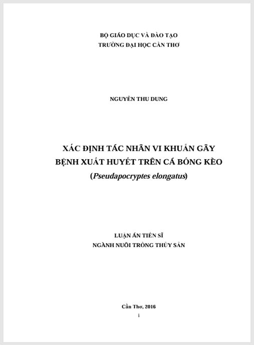 Luận án Xác định tác nhân vi khuẩn gây bệnh xuất huyết trên cá bống kèo (Pseudapocryptes elongates)