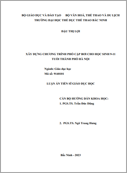 Luận án – Xây dựng chương trình phổ cập bơi cho học sinh 9 – 11 tuổi thành phố Hà Nội