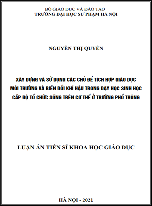 Luận án –  Xây dựng và sử dụng các chủ đề tích hợp giáo dục môi trường và biến đổi khí hậu trong dạy học Sinh học các cấp độ tổ chức sống trên cơ thể ở trường phổ thông