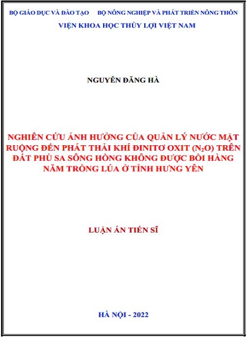 Luận án – Nghiên cứu ảnh hưởng của quản lý nước mặt ruộng đến phát thải khí Đinitơ oxít (N2O) trên đất phù sa sông Hồng không được bồi hàng năm trồng lúa ở tỉnh Hưng Yên.