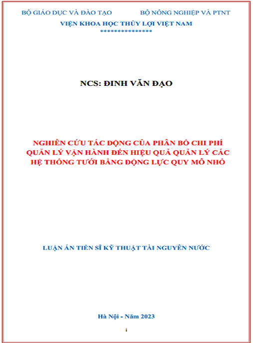 Luận án – Nghiên cứu tác động của phân bổ chi phí quản lý vận hành đến hiệu quả quản lý các hệ thống tưới bằng động lực quy mô nhỏ