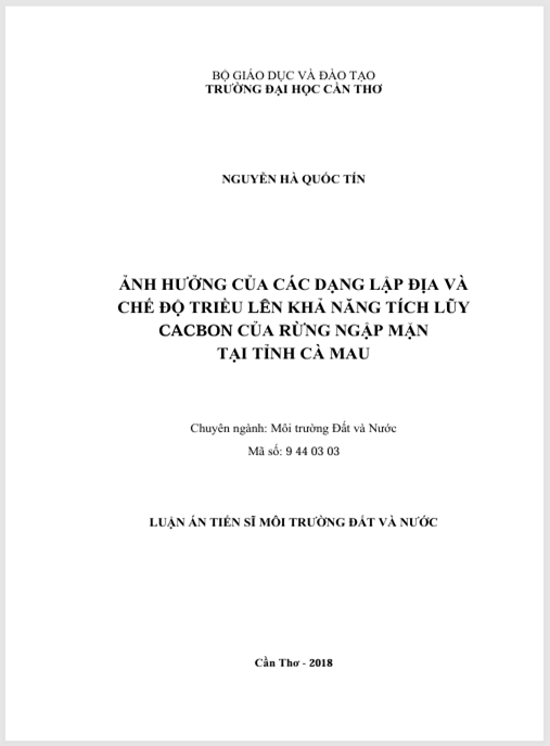 Luận án Ảnh hưởng của các dạng lập địa và chế độ triều lên khả năng tích lũy cacbon của rừng ngập mặn tại tỉnh Cà Mau.