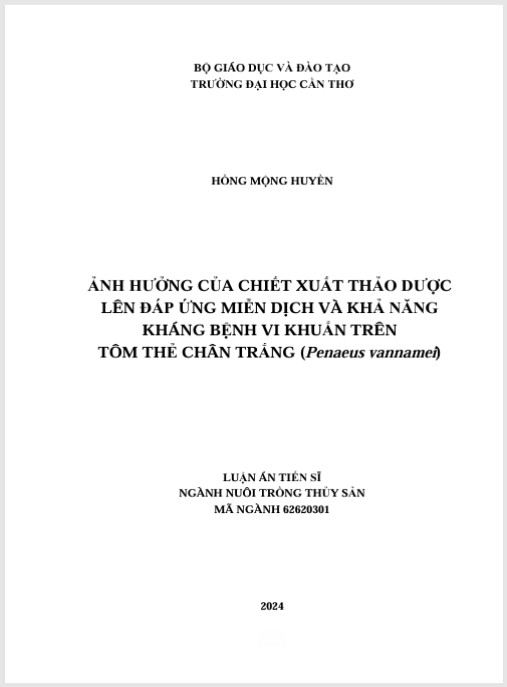 Luận án Ảnh hưởng của chiết xuất thảo dược lên đáp ứng miễn dịch và khả năng kháng bệnh vi khuẩn trên tôm thẻ chân trắng (Penaeus vannamei)