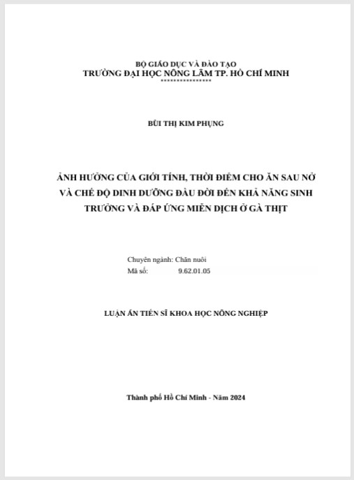 Luận án Ảnh hưởng của giới tính, thời điểm cho ăn sau nở và chế độ dinh dưỡng