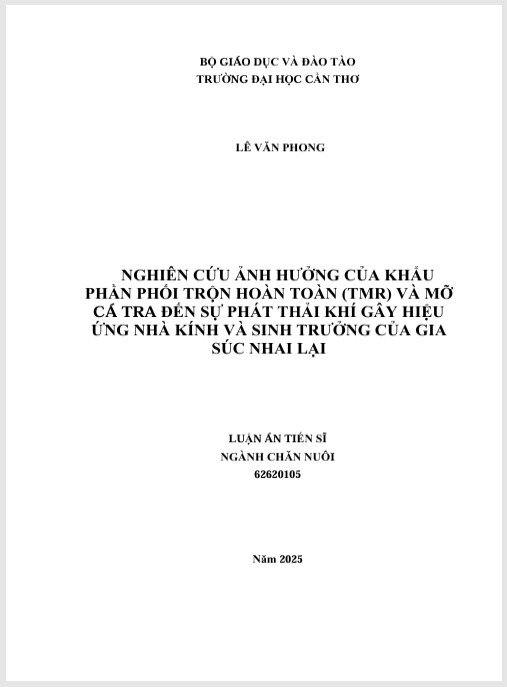 Luận án Ảnh hưởng của khẩu phần phối trộn hoàn toàn (TMR) và mỡ cá Tra đến sự phát thải khí gây hiệu ứng nhà kính và sinh trưởng của gia súc nhai lại.