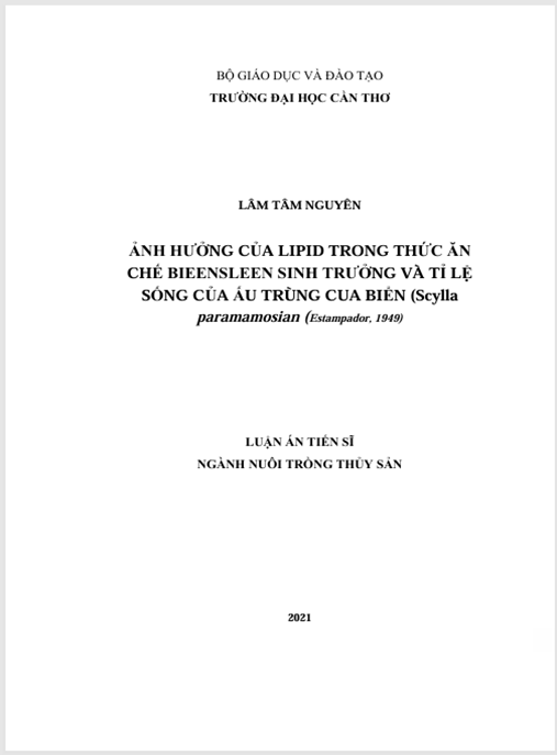 Luận án Ảnh hưởng của lipid trong thức ăn chế biến lên sinh trưởng và tỉ lệ sống của ấu trùng cua biển Scylla paramamosain (Estampador, 1949)
