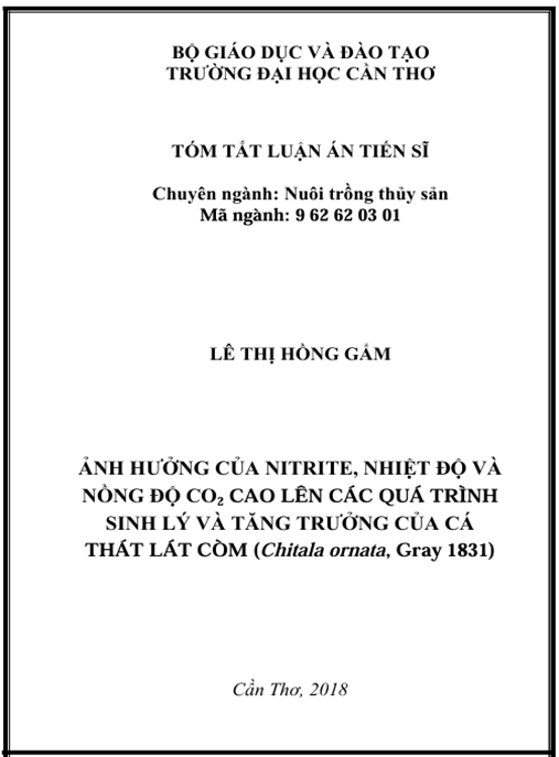 Luận án Ảnh hưởng của nitrite, nhiệt độ và CO2 lên quá trình sinh lý và tăng trưởng của cá thát lát còm (Chitala ornata, Gray, 1831)
