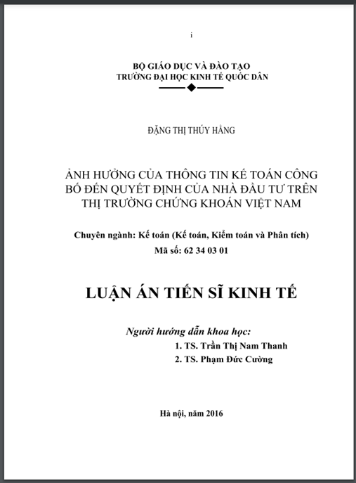 Luận án Ảnh hưởng của thông tin kế toán công bố đến quyết định của nhà đầu tư trên thị trường chứng khoán Việt Nam