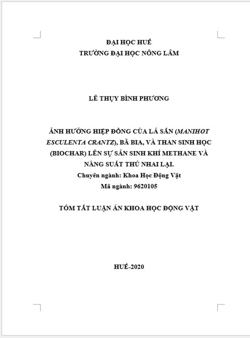 Luận án Ảnh hưởng hiệp đồng cùa lá sắn (Manihot Esculenta Crantz), bã bia, và than sinh học (biochar) lên sự sản sinh khí methane và năng suất thú nhai lại.
