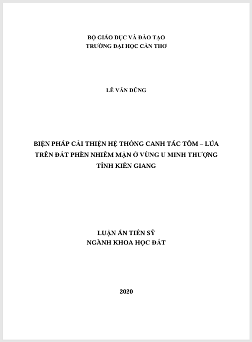 Luận án Biện pháp cải thiện hệ thống canh tác tôm-lúa trên đất phèn nhiễm mặn ở vùng U Minh Thượng tỉnh Kiên Giang