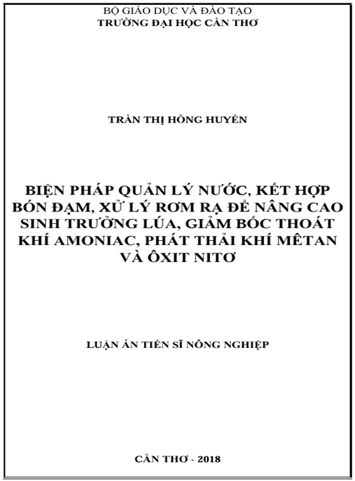 Luận án Biện pháp quản lý nước kết hợp bón đạm, xử lý rơm rạ để nâng cao sinh trưởng lúa và giảm bốc thoát khí ammoniac, phát thải khí mêtan và ôxit nitơ