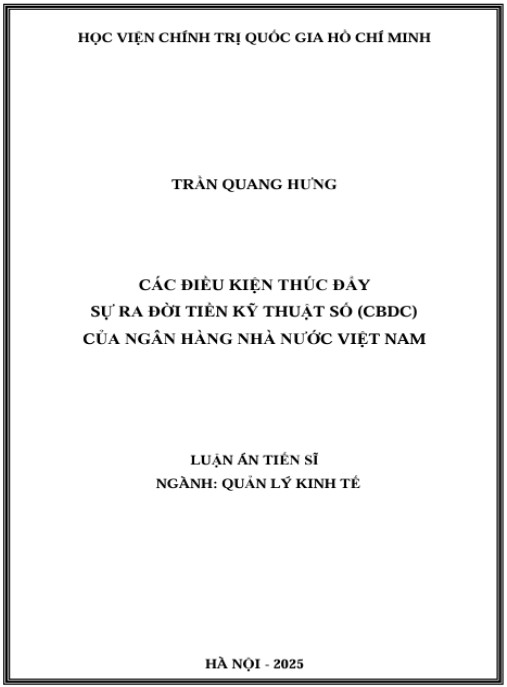 Luận án Các điều kiện thúc đẩy sự ra đời tiền kỹ thuật số (CBDC) của Ngân hàng Nhà nước Việt Nam