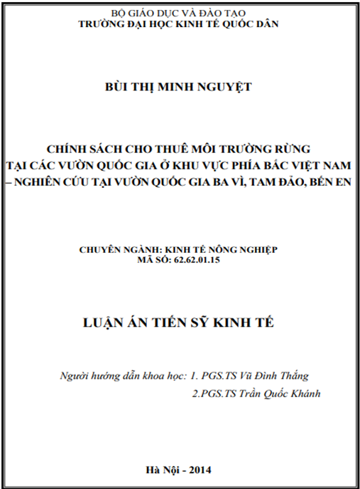 Luận án Chính sách cho thuê môi trường rừng tại các vườn quốc gia ở khu vực phía Bắc Việt Nam – Nghiên cứu tại vườn quốc gia Ba Vì, Tam Đảo và Bến En