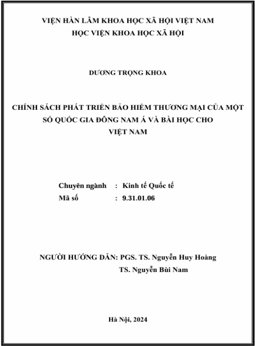 Luận án Chính sách phát triển bảo hiểm thương mại ở một số quốc gia Đông Nam Á và bài học cho Việt Nam