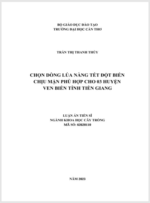 Luận án Chọn Dòng Lúa Nàng Tét Đột Biến Chịu Mặn Phù Hợp Cho 03 Huyện Ven Biển Tỉnh Tiền Giang