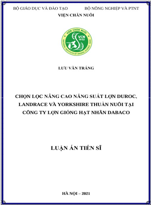 Luận án Chọn lọc nâng cao năng suất lợn Duroc, Landrace và Yorkshire thuần nuôi tại Công ty lợn giống hạt nhân Dabaco