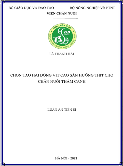 Luận án Chọn tạo hai dòng vịt cao sản hướng thịt cho chăn nuôi thâm canh