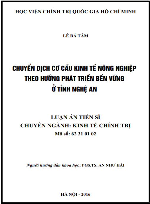 Luận án Chuyển dịch cơ cấu kinh tế nông nghiệp theo hướng phát triển bền vững ở tỉnh Nghệ An
