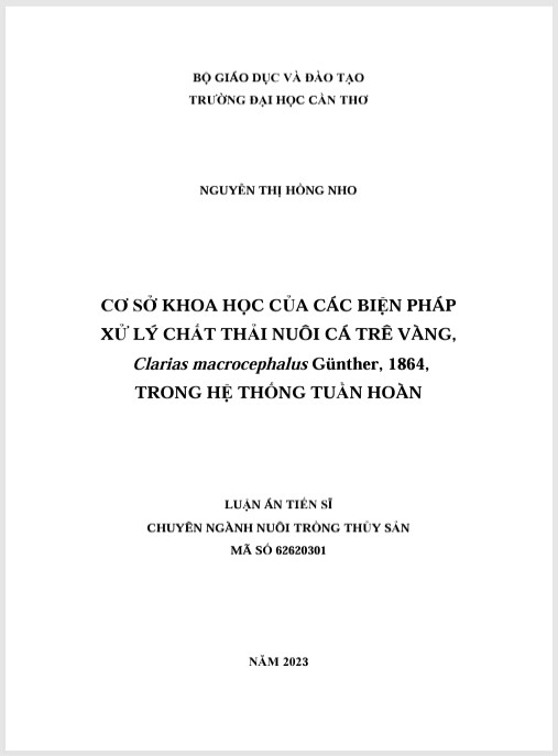 Luận án Cơ sở khoa học của các biện pháp xử lý chất thải nuôi cá trê vàng, Clarias macrocephalus Günther, 1864, trong hệ thống tuần hoàn