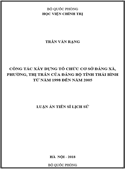 Luận án Công tác xây dựng tổ chức cơ sở đảng xã, phường, thị trấn của Đảng bộ tỉnh Thái Bình từ năm 1998 đến năm 2005