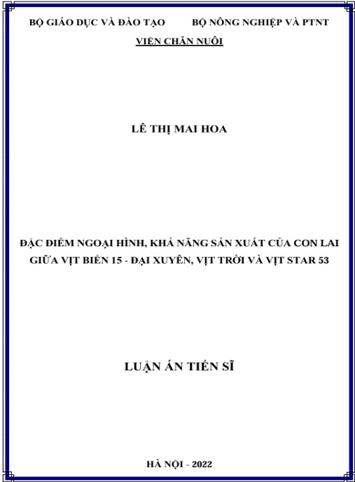 Luận án Đặc điểm ngoại hình, khả năng sản xuất của con lai giữa vịt Biển 15 – Đại Xuyên, vịt Trời và vịt Star 53
