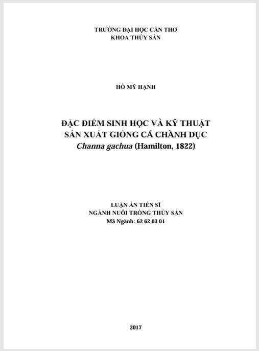Luận án Đặc điểm sinh học và kỹ thuật sản xuất giống cá Chành dục (Channa gachua Hamilton, 1822)