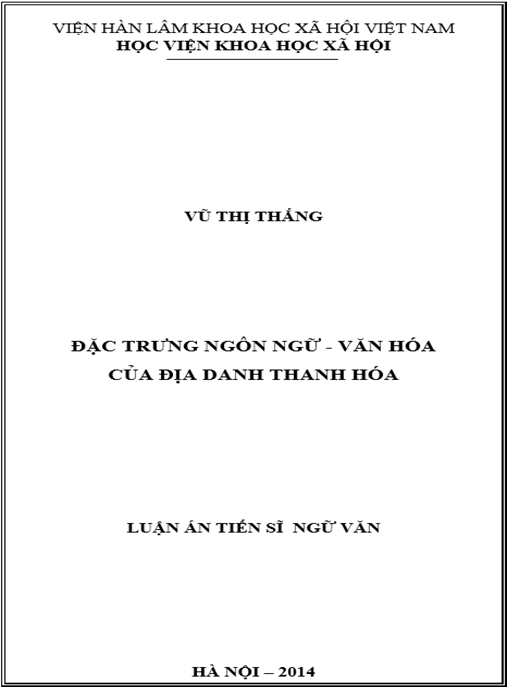 Luận án Đặc trưng ngôn ngữ – văn hóa của địa danh Thanh Hóa