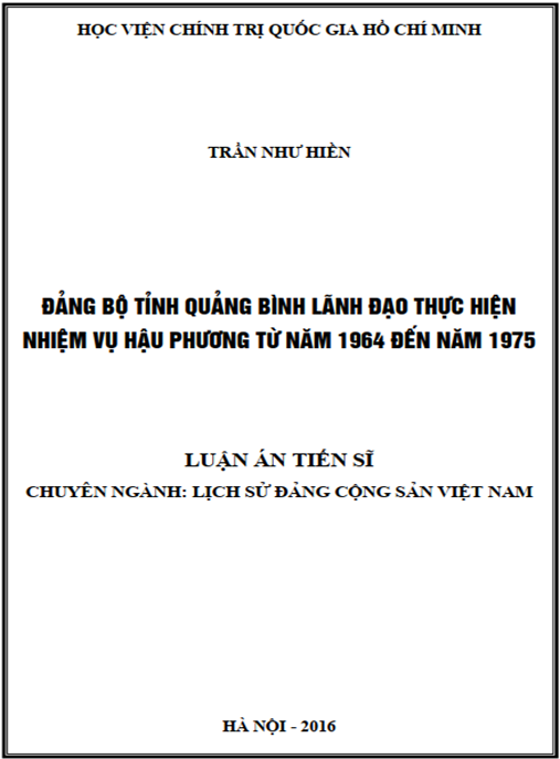 Luận án Đảng bộ tỉnh Quảng Bình lãnh đạo thực hiện nhiệm vụ hậu phương từ năm 1964 đến năm 1975
