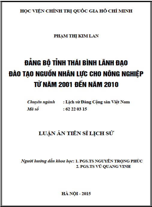 Luận án Đảng bộ tỉnh Thái Bình lãnh đạo đào tạo nguồn nhân lực cho nông nghiệp từ năm 2001 đến năm 2010