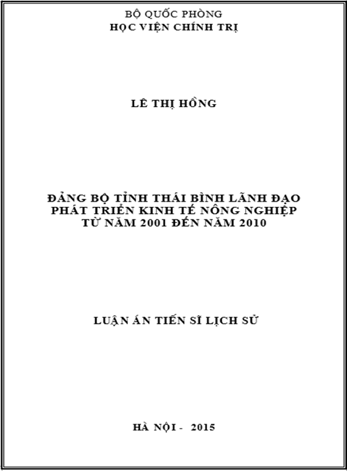 Luận án Đảng bộ tỉnh Thái Bình lãnh đạo phát triển kinh tế nông nghiệp từ năm 2001 đến năm 2010