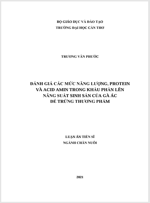 Luận án Đánh giá các mức năng lượng, protein và acid trong khẩu phần lên năng suất sinh sản của gà ác đẻ trứng thương phẩm