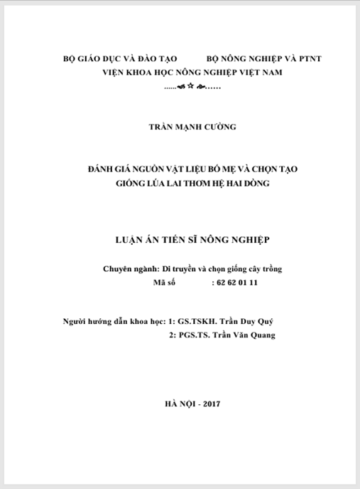 Luận án Đánh giá nguồn vật liệu bố mẹ và chọn tạo giống lúa lai thơm hệ hai dòng.