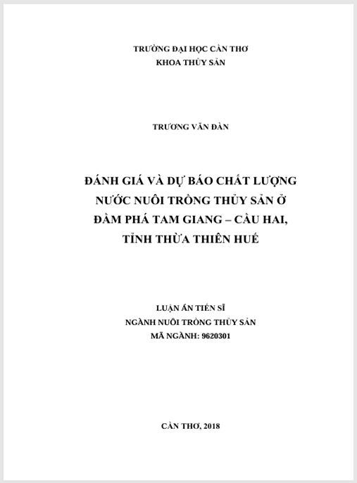 Luận án Đánh giá và dự báo chất lượng nước nuôi trồng thủy sản ở đầm phá Tam Giang – Cầu Hai, tỉnh Thừa Thiên Huế