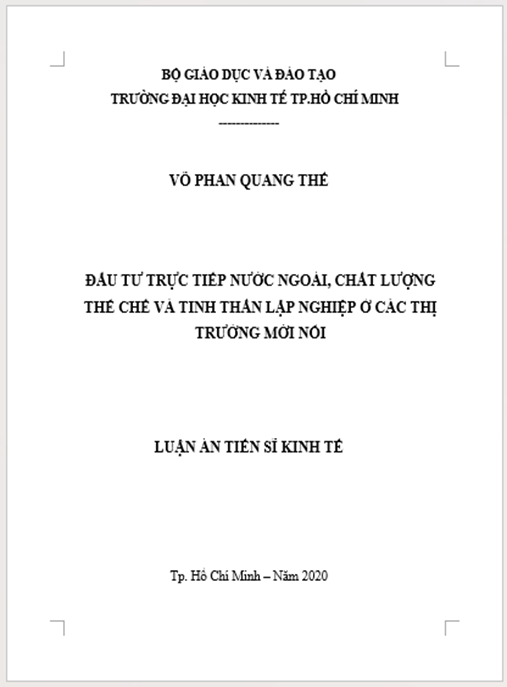 Luận án Đầu tư trực tiếp nước ngoài, chất lượng thể chế và tinh thần lập nghiệp ở các thị trường mới nổi.