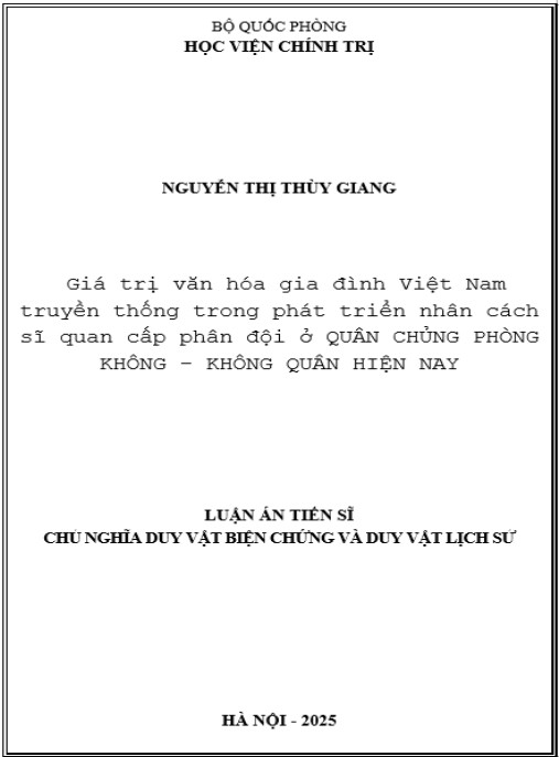 Luận án Giá trị văn hóa gia đình Việt Nam truyền thống trong phát triển nhân cách sĩ quan cấp phân đội ở Quân chủng Phòng không – Không quân hiện nay