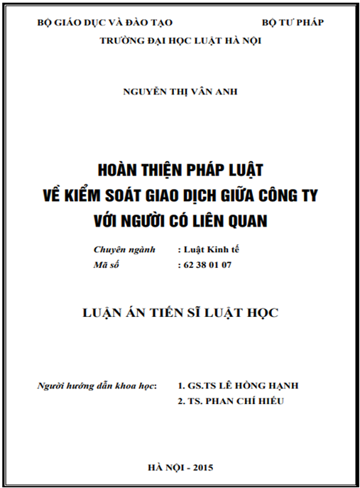 Luận án Hoàn thiện pháp luật về kiểm soát giao dich giữa công ty với người có liên quan