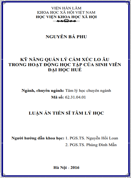 Luận án Kỹ năng quản lý cảm xúc lo âu trong hoạt động học tập của sinh viên Đại học Huế