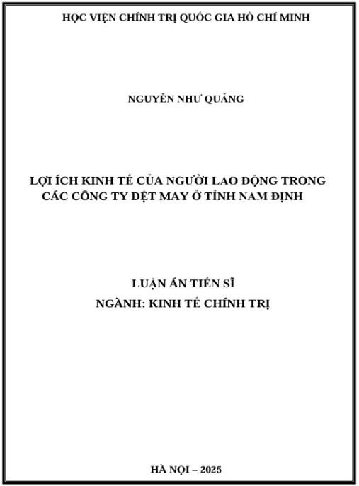 Luận án Lợi ích kinh tế của người lao dộng trong các công ty dệt may ở tỉnh Nam Định