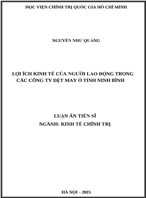 Luận án Lợi ích kinh tế của người lao động trong các công ty dệt may ở tỉnh Ninh Bình