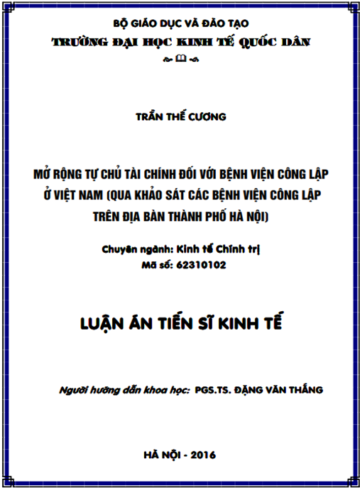 Luận án Mở rộng tự chủ tài chính đối với BVCL ở Việt Nam (Qua khảo sát các BVCL trên địa bàn thành phố Hà Nội