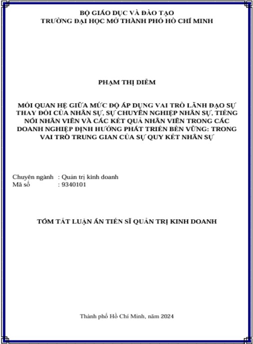 Luận án Mối Qh Giữa Mức Độ Áp Dụng Vai Trò Lđ Sự Thay Đổi Của Nhân Sự (Ns), Sự Chuyên Nghiệp Ns, Tiếng Nói Nv Và Các Kết Quả Nv Trong Các Dn Định Hướng Pt Bền Vững