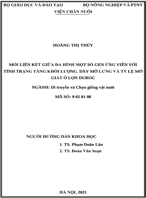 Luận án Mối liên kết giữa đa hình một số gen ứng viên với tính trạng tăng khối lượng, dày mỡ lưng và tỷ lệ mỡ giắt ở lợn Duroc