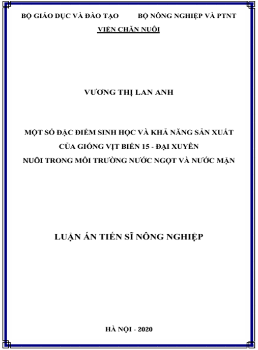 Luận án Một số đặc điểm sinh học và khả năng sản xuất của vịt Biển 15 – Đại Xuyên nuôi trong môi trường nước ngọt và nước mặn