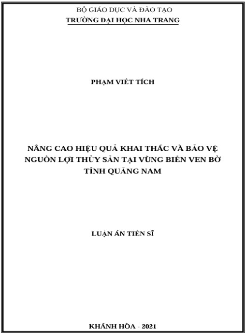 Luận án Nâng cao hiệu quả khai thác và bảo vệ nguồn lợi thủy sản tại vùng biển ven bờ tỉnh Quảng Nam
